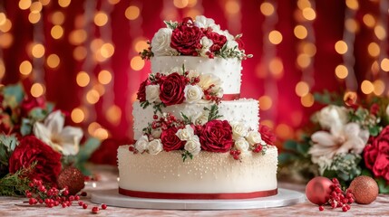 Three tiered wedding cake on festive celebration background