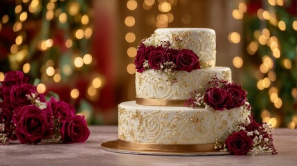 Three tiered wedding cake on festive celebration background