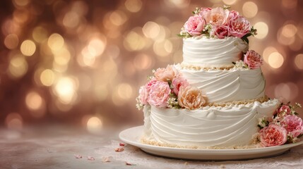 Three tiered wedding cake on festive celebration background