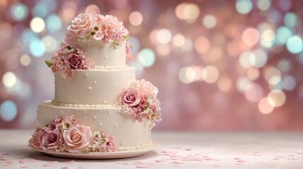 Three tiered wedding cake on festive celebration background