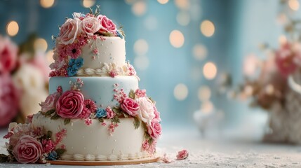 Three tiered wedding cake on festive celebration background