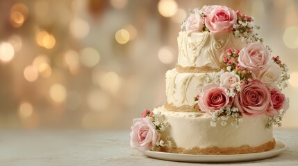 Three tiered wedding cake on festive celebration background