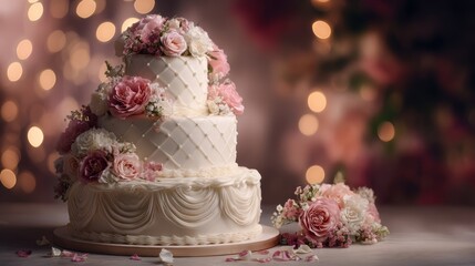 Three tiered wedding cake on festive celebration background