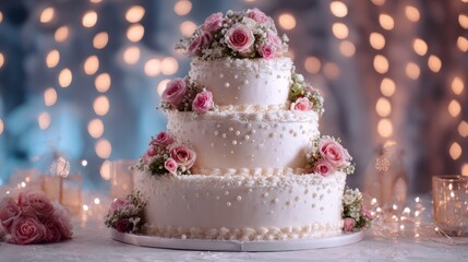 Three tiered wedding cake on festive celebration background