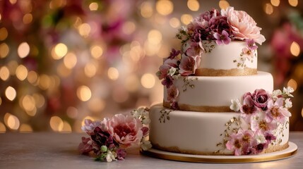 Three tiered wedding cake on festive celebration background