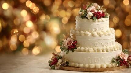 Three tiered wedding cake on festive celebration background