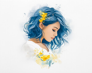 Dreamy watercolor portrait of woman with blue hair and yellow floral accents
