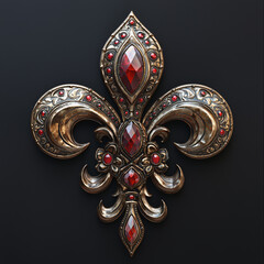 Jewel-encrusted metallic fleur-de-lis with ornate red gemstone accents
