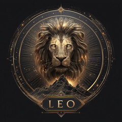 Regal lion head within celestial Leo zodiac frame surrounded by golden stars
