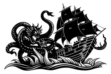 An engraving depicts a monstrous sea serpent with a menacing gaze and bared fangs, attacking a sailing ship amidst crashing waves.