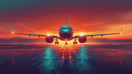 Airplane on runway at sunrise with glowing lights and dramatic reflections
