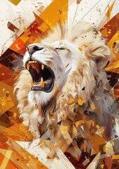 Roaring lion emerging through shattered geometric shards in fierce digital art
