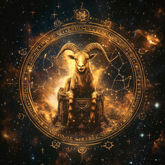 Capricorn zodiac sign with golden goat surrounded by cosmic constellation symbols
