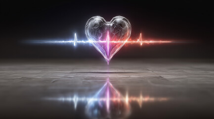Glowing glass heart with pulsating energy waves on futuristic dark background
