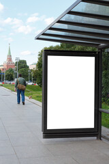 Blank billboard at the bus stop. Close-up. Historical center of Moscow. Mock-up.