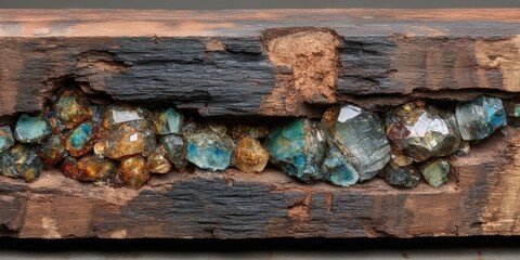 Vibrant crystals embedded in weathered wooden log.