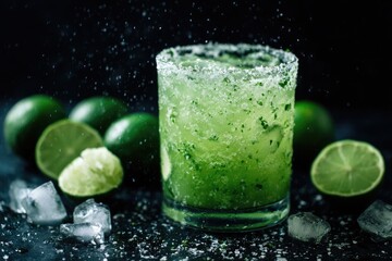 Vibrant, refreshing green cocktail with lime and ice