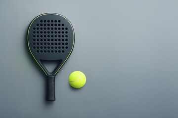 Black padel racket and neon green tennis ball on grey background. Racket sports and leisure activity concept. Flat lay composition with copy space