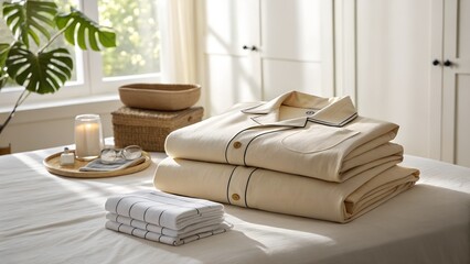 Neatly Folded Towels and Pajamas on Bed