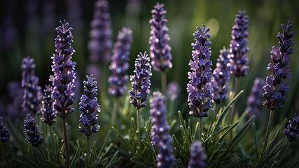 Obraz premium Nature wallpaper of lavender florets with soft highlights and dark backdrop, emphasizing elegance and freshness. Ideal for floral or nature-themed designs.