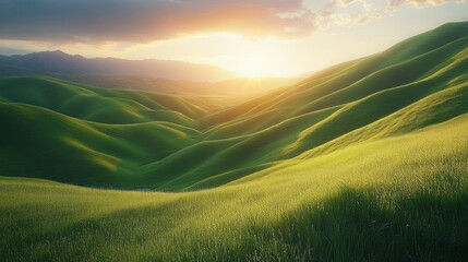 Obraz premium Lush green hills at sunset