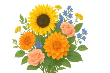 Naklejka premium Vivid sunflower, rose, dahlia bouquet featuring delicate blue blossoms, radiating joy against translucent background