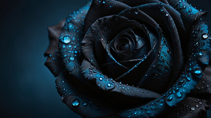 Velvety black rose glistening with water droplets in a high-resolution close-up. Cool blue gradient emphasizes its mysterious beauty for perfume or cosmetic branding.