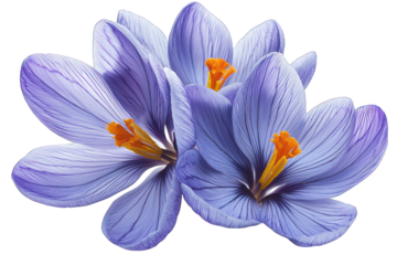 Three lavender flowers, detailed petals, bright orange stamen
