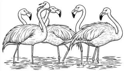 Fototapeta premium Line drawing of four flamingos standing in shallow water.