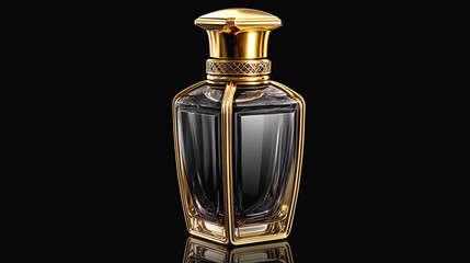 Elegant black and gold perfume bottle on black background with luxury design
