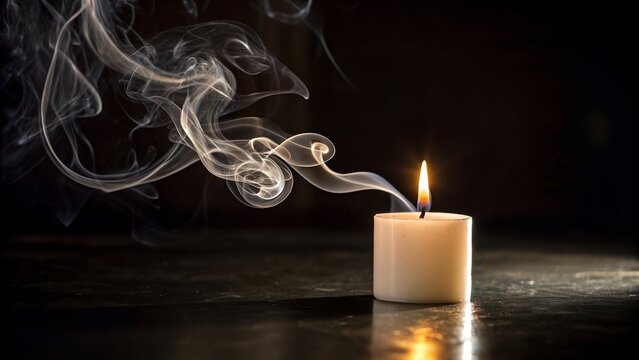 A white candle burns gently, with elegant swirls of smoke rising, bringing a peaceful and meditative vibe to the surroundings. - Powered by Adobe