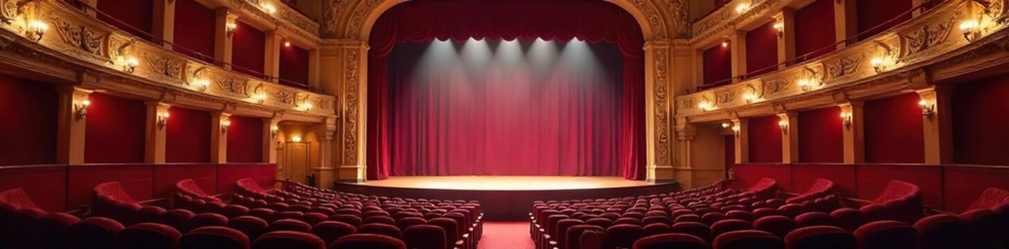 A grand, ornate theater interior, empty stage bathed in soft light, plush velvet seating, ready for a performance , drama, ornate, house lights