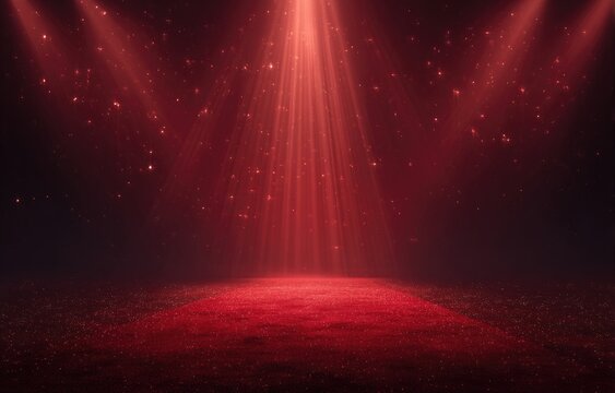 Red spotlight stage, glowing particles