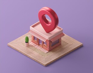 3D red location pin sits atop a small store building with a striped awning
