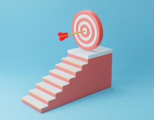 3D red arrow hits the bullseye on a target atop a pink staircase