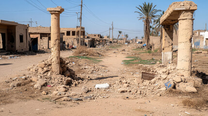 Desolate city street with destroyed buildings and debris, reflecting war impact
