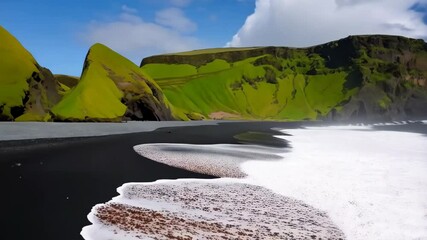 Dramatic black sand beach with crashing waves and sea stacks under bright blue sky - Powered by Adobe