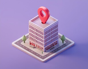 3D location pin marks a low poly building in the city