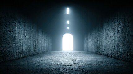 A dimly lit concrete tunnel with an archway.