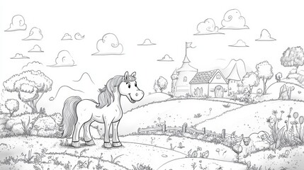 Fototapeta premium Cartoon horse in idyllic countryside landscape, pencil sketch.