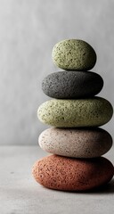 Stacked smooth, colorful stones on a light gray surface