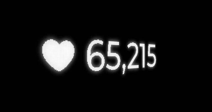 Digital number counting video with a social media heart icon on a black background