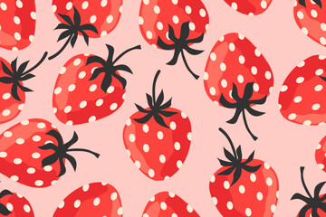 Summer seamless pattern with vector illustrations of fruits. Hand drawn healthy food set and strawberry cartoon background.