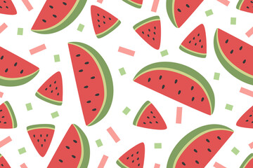 Summer seamless pattern with vector illustrations of fruits. Hand drawn healthy food set and watermelon cartoon background.