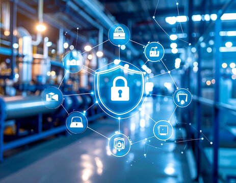 Industrial security. Blurred factory with security icons