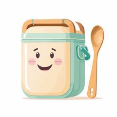 Flat vector icon of a pastel lunchbox with a smiling cartoon face and reusable bamboo spoon