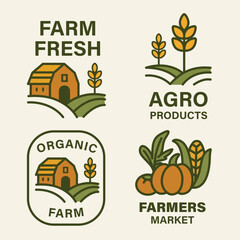 Set of vector agricultural logos with barn, field, wheat, vegetables, sun and text elements. Flat illustration in organic and eco style. Farm market and food label concept for design and print