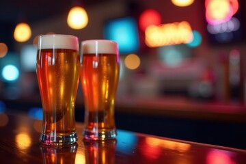 Two gold pint glasses on a bar, city lights blur, luxury, city lights