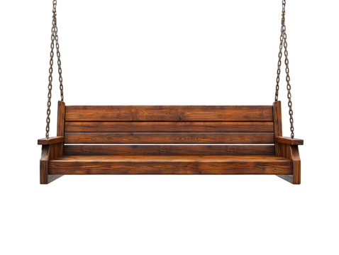 Wooden swing seat suspended by chains on black