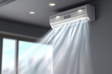 An air conditioner installed in a modern living room interior. The sleek design and digital interface can be seen within the home setting.